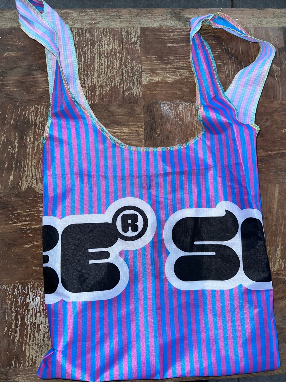 SLURPEE Bright Pink & Blue Striped Tote Bag with Bold Black Logo